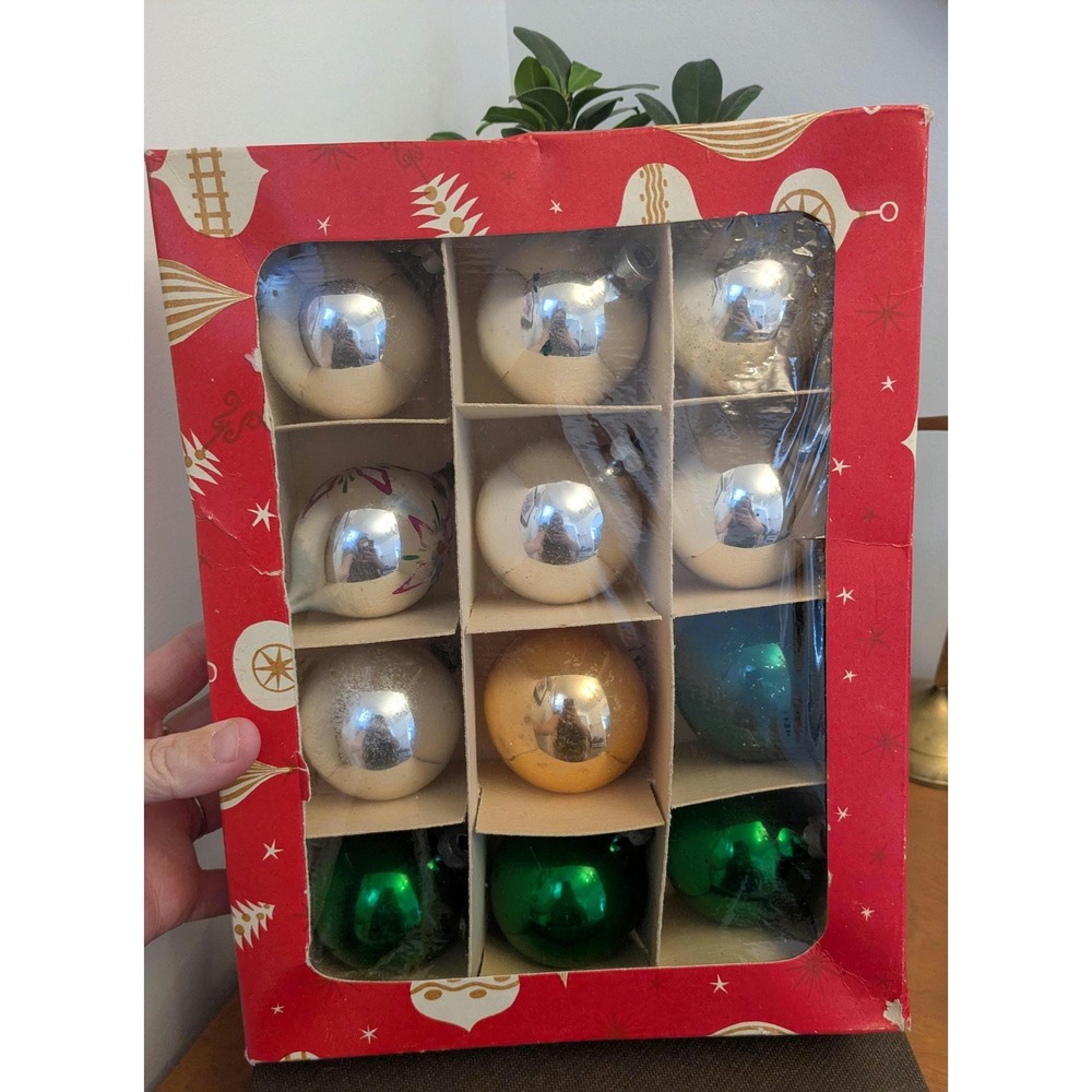 Vintage Glass Christmas Ornaments Set of 12, Green Silver Baubles
